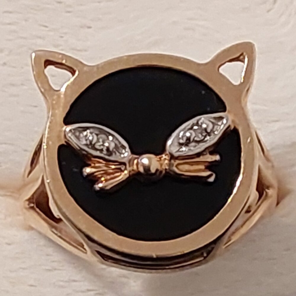 ONYX 14KT YELLOW GOLD CAT DIAMOND ACCENTS RING VINTAGE